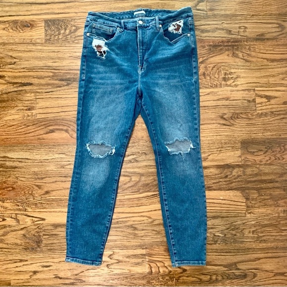 Good American Denim - Good American Distressed Leopard Print Pocket Detail Jeans Size 18